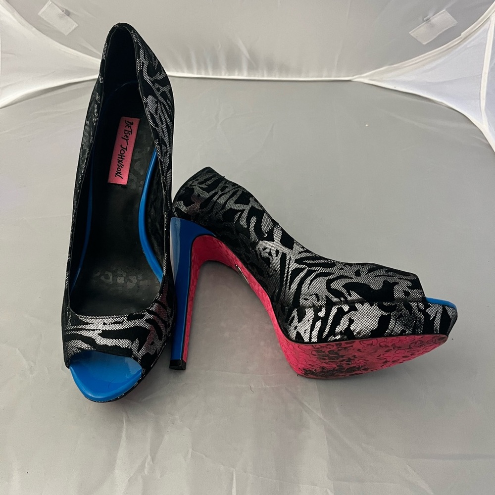 Betsey Johnson Black and Pink High Heels with Peep Toe
